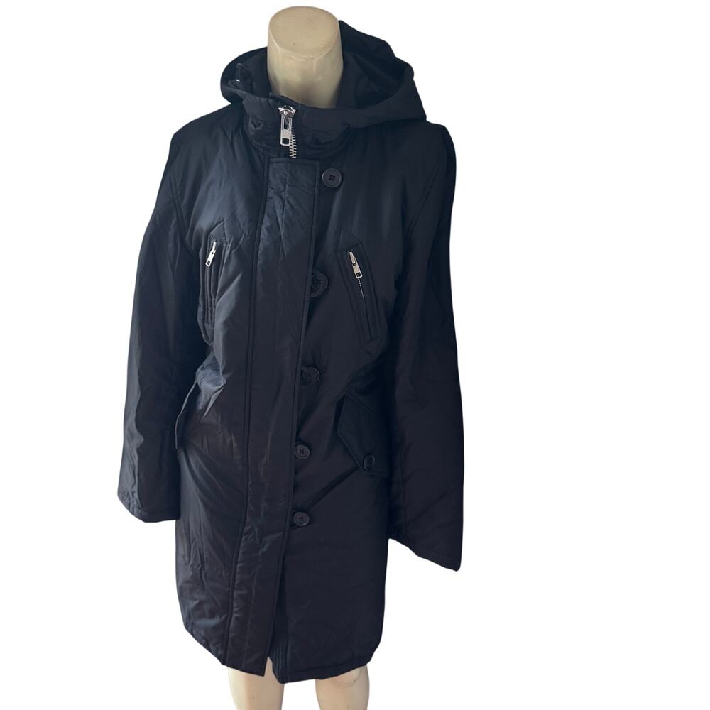 Gap black long nylon parka featuring a button and zipper closure.